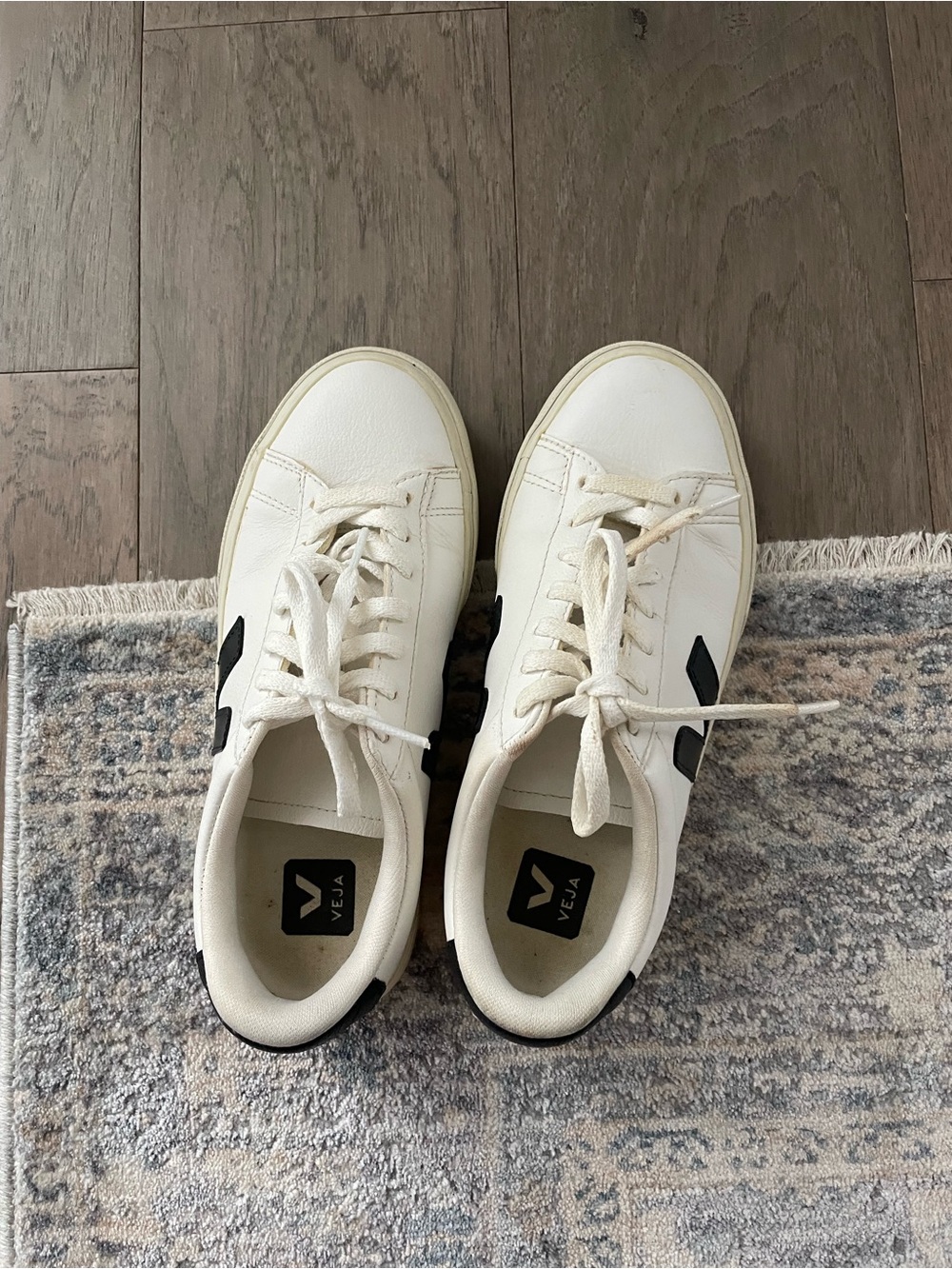 Veja Leather Low-Top Sneaker in White and Black - Picture 7 of 12
